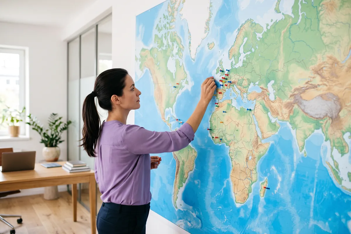 Une femme pose des épingles de couleur sur une grande carte du monde murale
