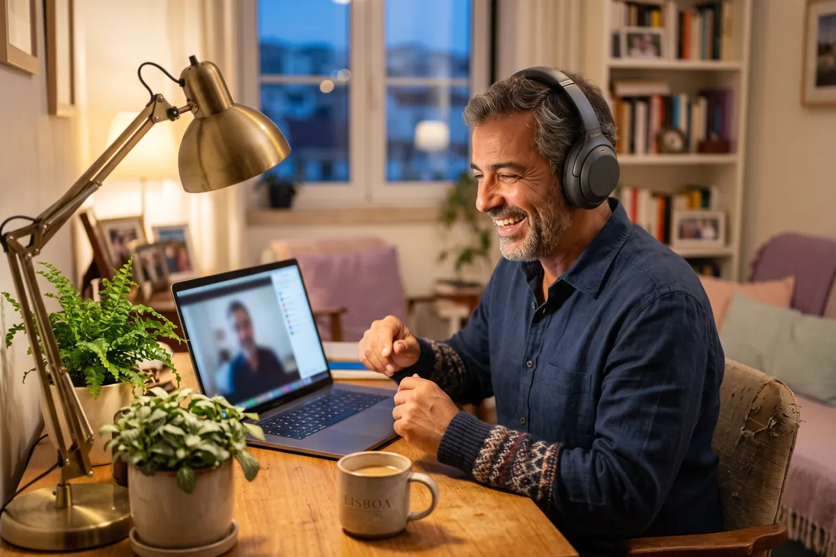 Un homme en appel vidéo sur son ordinateur portable, casque sur les oreilles