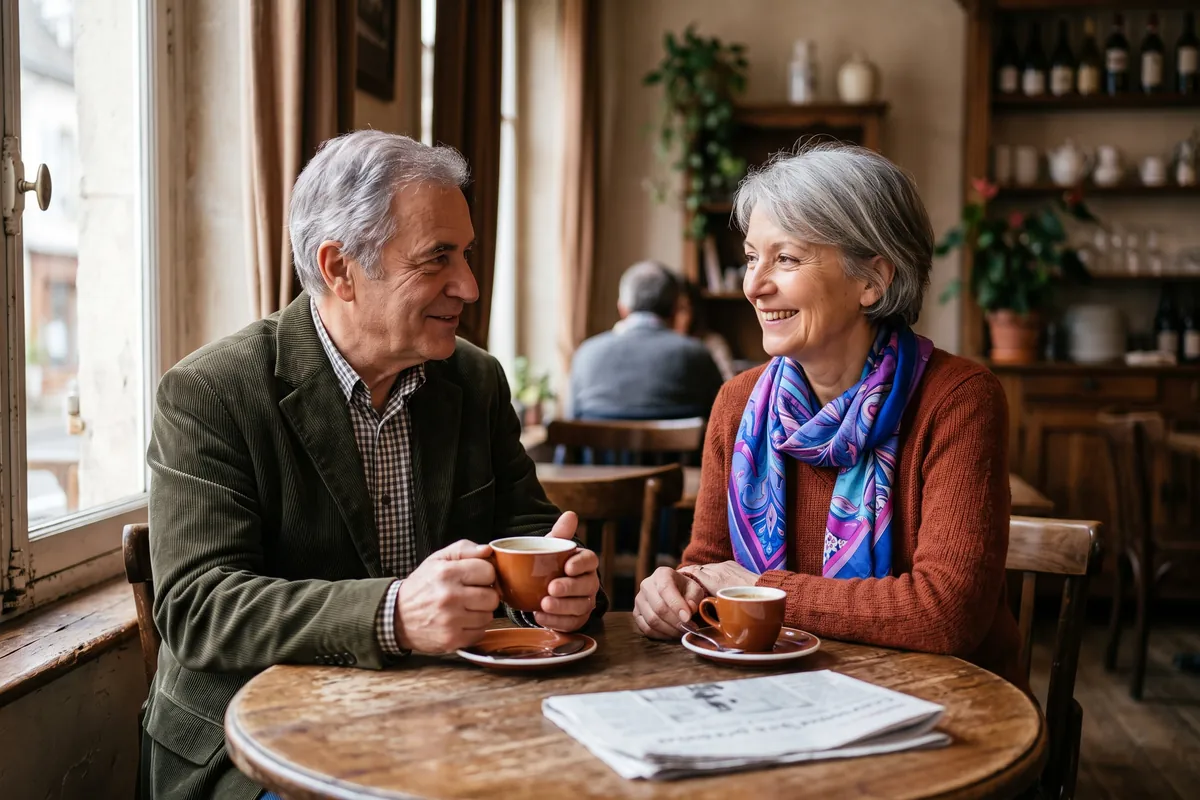 Un homme et une femme d'une soixantaine d'années se rencontrent pour la première fois dans un café