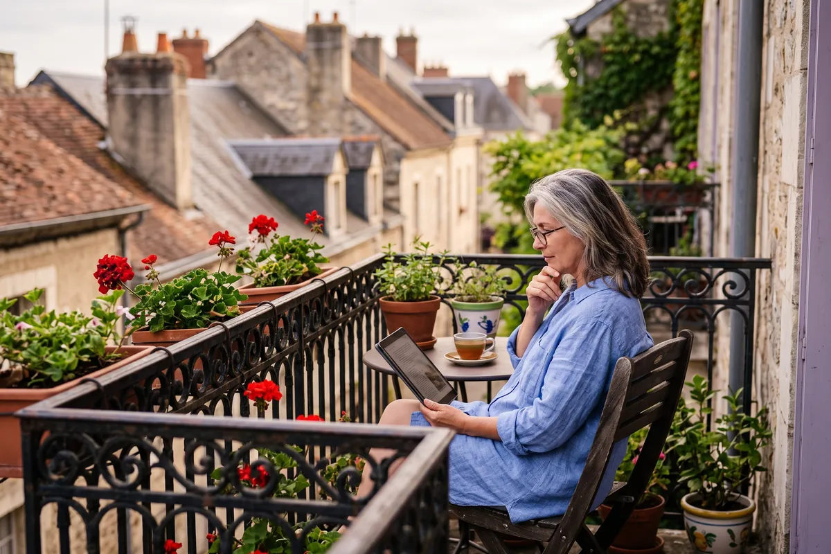 Une femme lit sur une tablette, l'air pensif, sur le balcon d'un appartement