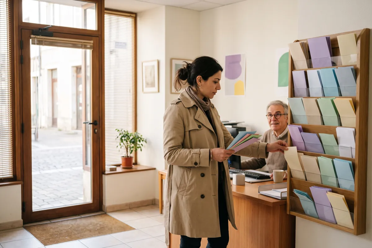 Une femme choisit des dépliants sur un présentoir à l'accueil d'un point d'accès au droit