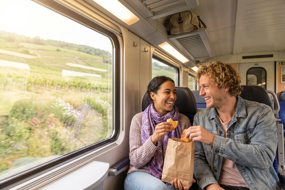 Un jeune couple partage des viennoiseries en riant, assis face à face dans un train qui traverse la campagne