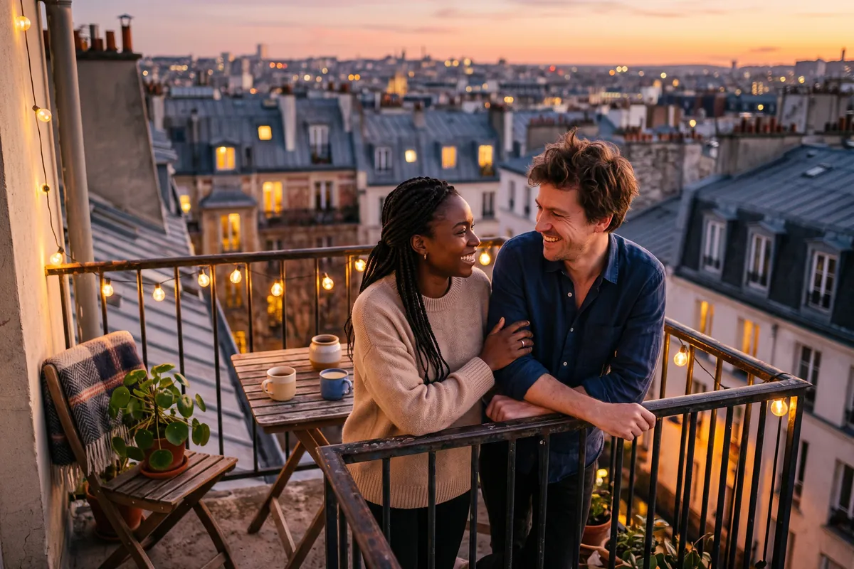Un couple accoudé à la balustrade d'un balcon au crépuscule, deux tasses posées sur une petite table
